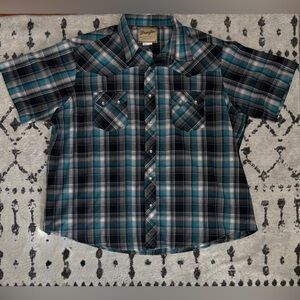 Wrangler Black Teal Plaid Short Sleeve Button Up Men’s  Top Size 2XL Pearl Snap